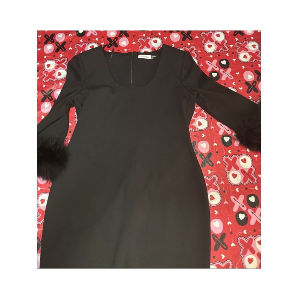 Glam Womens Calvin Klein Faux Fur Cuff Sheath Dress 12 Black